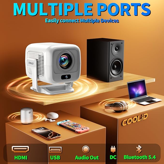 Mini Projector 1080P, Projector 4K Full HD, Smart Projector Featuring Auto Focus & Keystone Correction with Built-in Apps, Portable Projector WiFi 6 & Bluetooth 5.4 180° Rotation for Phone/Tablet/HDMI