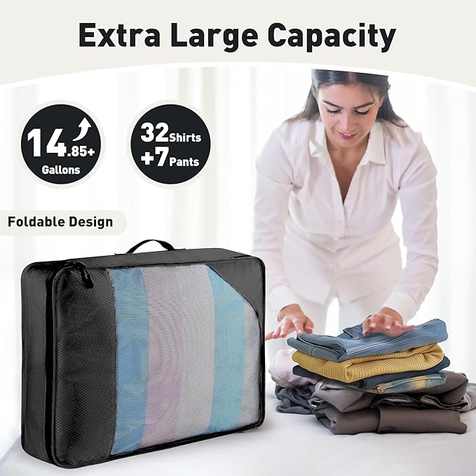 8-Piece Packing Cubes for Travel, Mesh Luggage Organizers with Shoe Bag, Toiletry Bag, Laundry Pouches, 4 Sizes (XL/L/M/S) for Suitcase Organization, Men Women Kids, Black