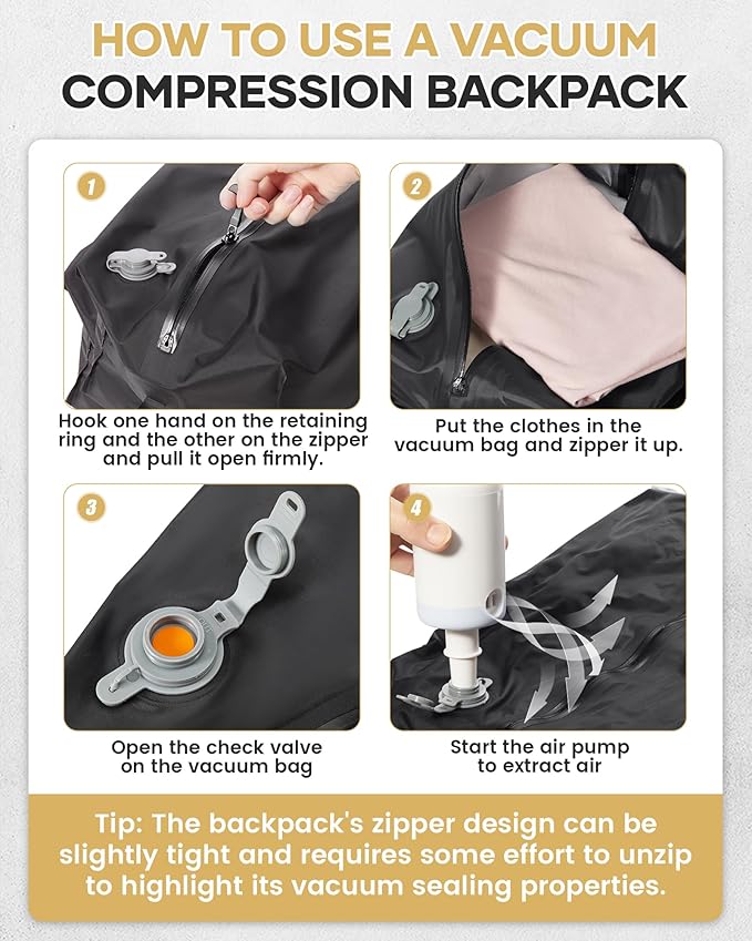 Vacuum Travel Backpack with Pump for Women,Personal Item Carry on Backpacks Flight Approved 18x14x8 inches for Men,Laptop Waterproof Work Compression bags Casual Daypack. Beige.