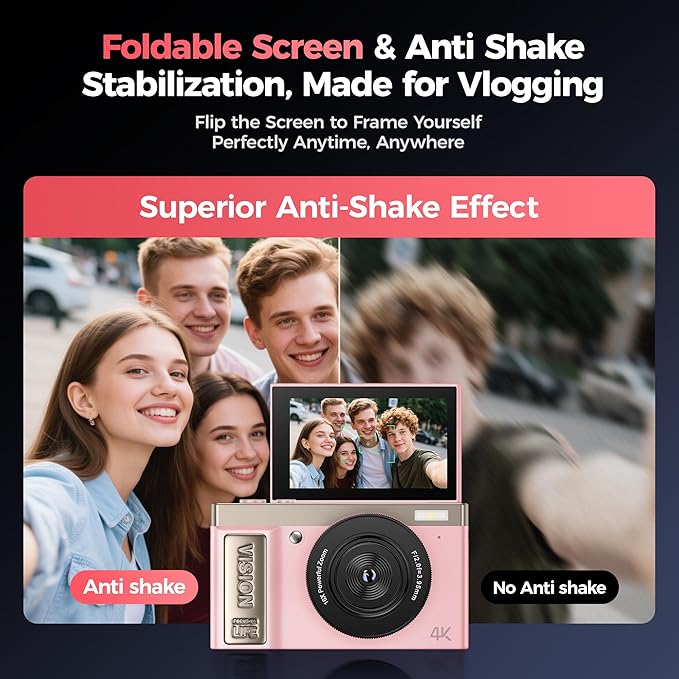 4K Digital Camera Pink for Girls Teens: 64MP Vlogging Camera with Flip Screen - 16X Zoom - Cute Compact Cam for Photography and YouTube – Aesthetic Point and Shoot Gift for Ages 8-18