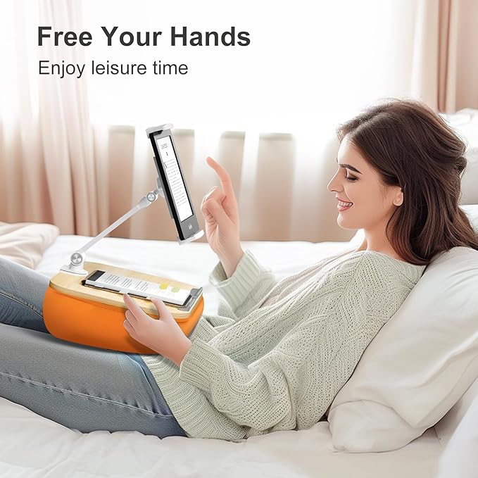 Lap Beanbag Cozy Kindle Pillow Stand for Bed with Adjustable Arm, 360° Tablet Holder, Fits 4.7"-13" Kindle, iPad, Phone, Lap Desk for Hands Free Reading in Bed, Couch, Sofa,Orange
