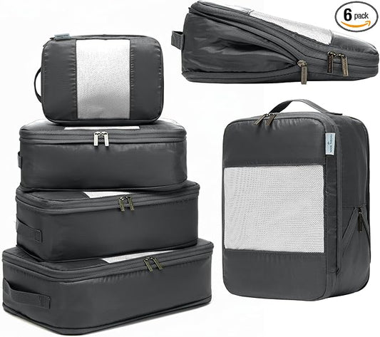 6-Pack Compression Packing Cubes Travel Essentials - Lightweight, Water-Resistant Luggage Organizer Bags with Handles, Durable Travel Accessories Suitcase Organizer (Charcoal)