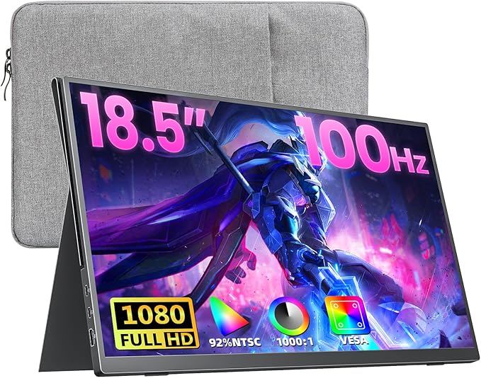 Large Portable Monitor 18.5 inch FHD 1920x1080p 100 Hz 130% sRGB HDR HDMI USB-C Portable Gaming Monitor VESA Compatible, External Second Screen for Laptop, MacBook, Surface, PC, Game Console