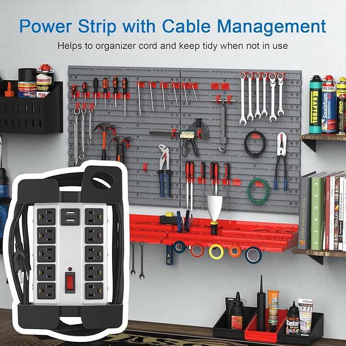 CCCEI Heavy Duty Power Strip with USB Ports, Garage 10 Outlets Surge Protector 2700 Joules, Industrial Workshop Metal 15Amp Multiple Outlets, 25 FT Extension Cord and Wide Spaced Grey