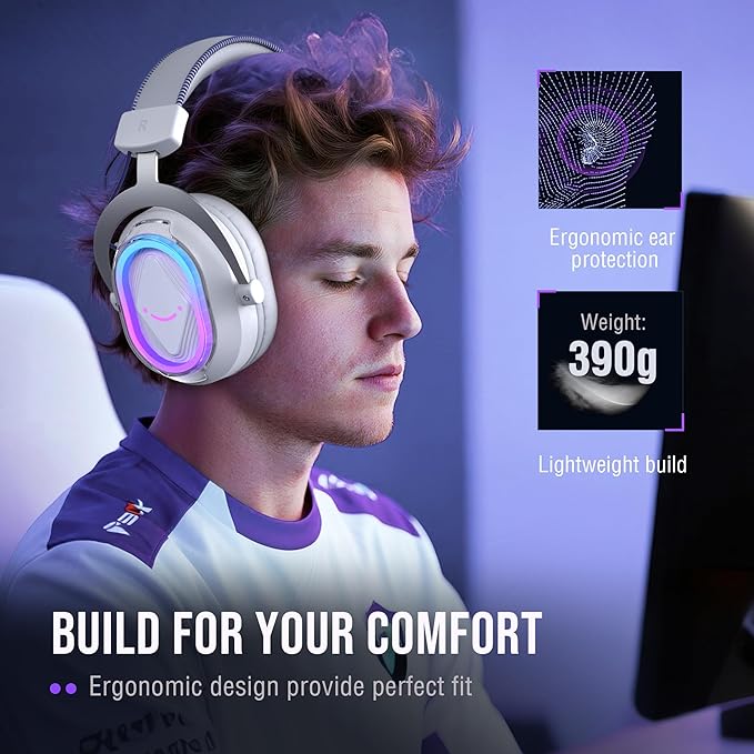 FIFINE USB Gaming Headset: Flowing RGB Lighting - 7.1 Surround Sound - Detachable Mic - Soft Ear Pads, Over-Ear Headset with Control Box, for PC, Laptop, Mac, PS5/PS4 - AmpliGame H13WP (White&Purple)
