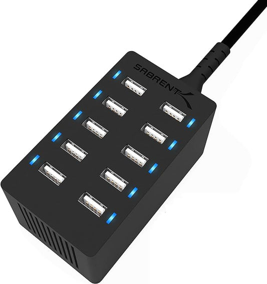 Sabrent 60 Watt (12 Amp) 10-Port [UL Certified] Family-Sized Desktop USB Rapid Charger. Smart USB Ports with Auto Detect Technology [Black] (AX-TPCS)