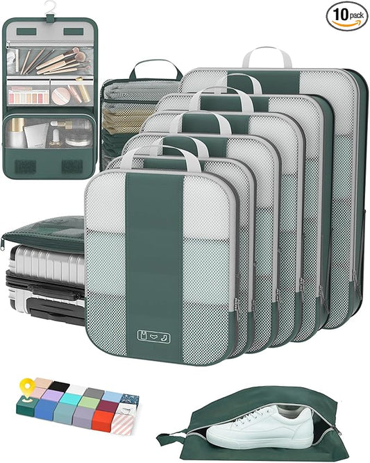 10 Set Compression Packing Cubes for Travel Essentials,Compressible Expandable Packing Cubes for Suitcase,OlarHike Luggage Organizer Bags for Travel,Handy Helper for Organizing Clothes(Dark Green)
