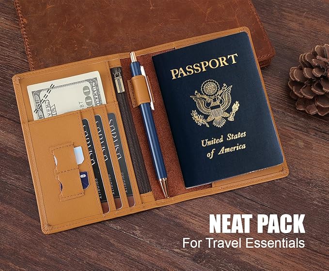 STAR VISTA Phoenix Leather Passport Holder, Calfskin Travel Wallet - RFID Blocking, ID Window, Zipper Pocket, Pen & Notebook Included, Honey