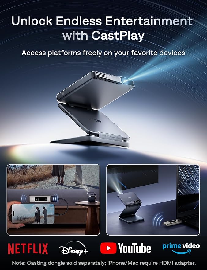 Aurzen ZIP Tri-Fold DLP Ultra-Portable Mini Projector with Bluetooth 5.4, Screen Mirroring, 5000mAh Battery, Type-C Fast Charging, Zero-Lag Focus&Keystone, Pocket Pico Projector, Built-in Stand, Grey