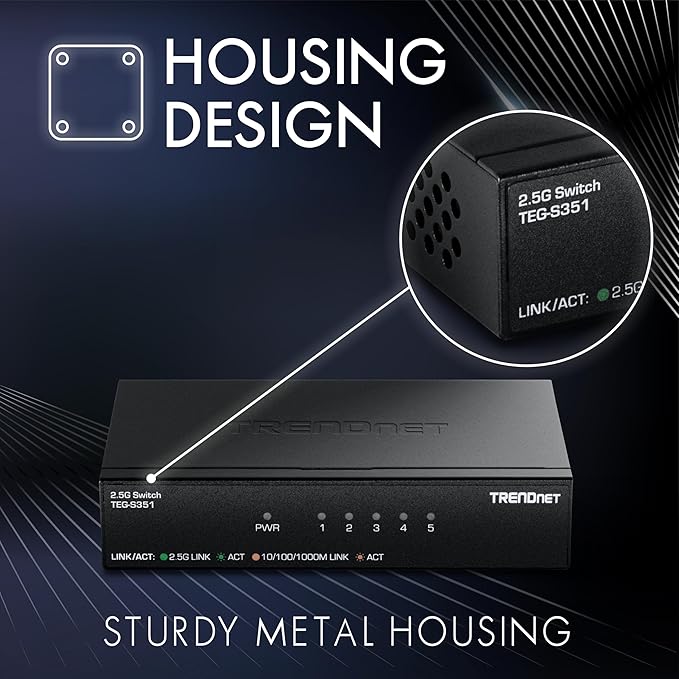 TRENDnet 5-Port 2.5Gb Switch, TEG-S351, 5 x 2.5G RJ45 Ports, 25Gbps Switching Capacity, NDAA + TAA Compliant, Ethernet Splitter, for Game Console, NAS, PC, Lifetime Protection