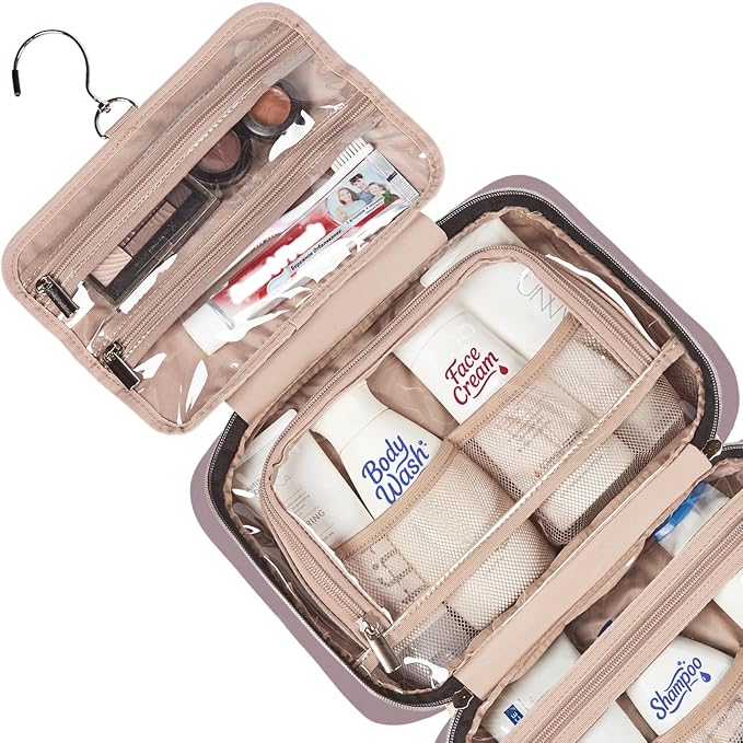 NISHEL Travel Toiletry Bag for women, Portable Hanging Organizer for Travel-Sized Shampoo, Conditioner, Brushes Set, Makeup Accessories, Medium Size, Peach Pink