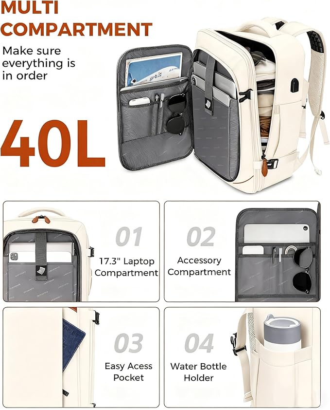 Vancropak Travel Backpack for Women, Airline Approved Carry On Backpack with 3 Packing Cubes, Expandable Large 40L Travel Bag fits 17" Laptop, Anti Theft Luggage Suitcase Weekend Daypack, White Brown