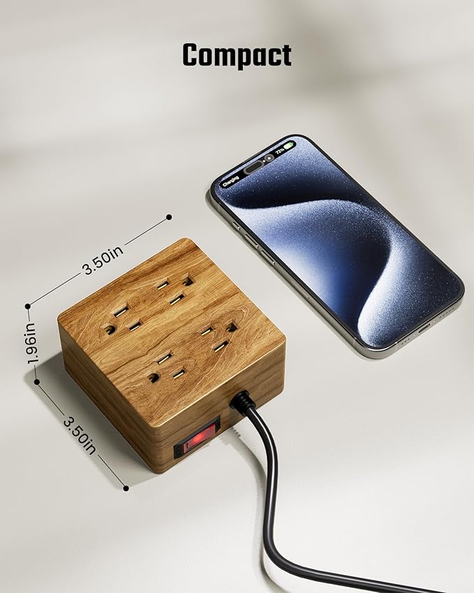 USB Power Strip Surge Protector - SUPERDANNY Desktop Extension Cord with 4 Widely Spaced Outlets & 4 Smart USB Ports, Portable Charging Station for Home, Office, Hotel, Dorm, RV, Faux Walnut Grain