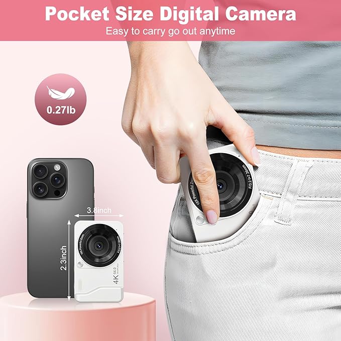 Digital Camera, 4K 64MP, 18X Zoom, Point and Shoot Digital Camera with 64GB TF Card & 2 Batteries, Portable Rechargeable Small Camera for Kids Teens Adult, White