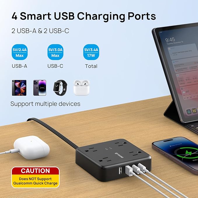 TROND Surge Protector Power Strip with USB Ports, 5ft Flat Plug Extension Cord with Multiple Outlets, 1440J, Wall Mount for Home Office Dorm Room Essentials, Black