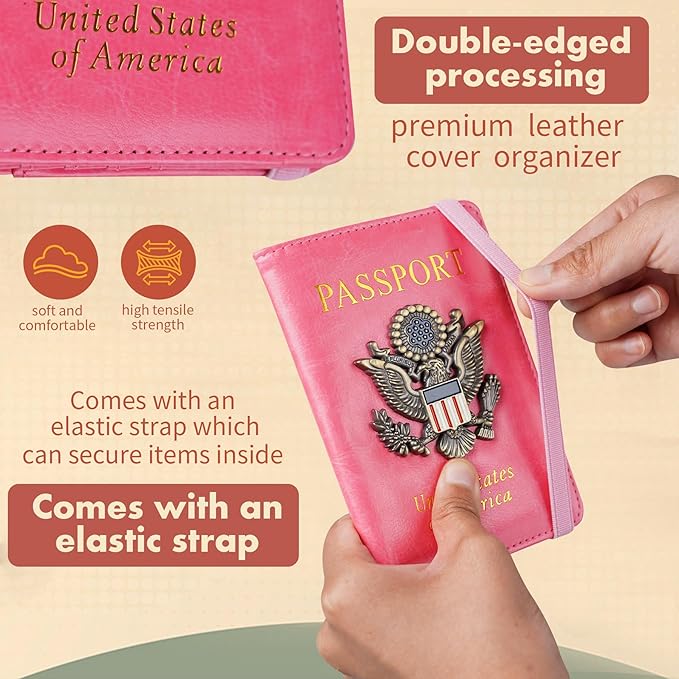 Passport Holder Cover Travel Wallet RFID Blocking Passport Wallets Family Organization Personalized Wallet Case for Men and Women Travel Must Haves (Pink)