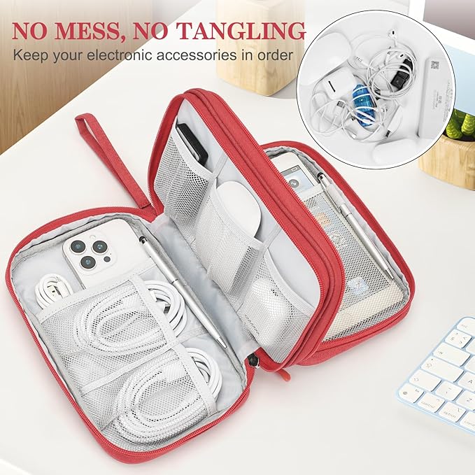 FYY Electronic Organizer, Large Travel Cable Organizer Bag Pouch Electronic Accessories Carry Case Portable Waterproof Double Layers All-in-One Storage Bag for Cable, Cord, Charger, Phone, Red