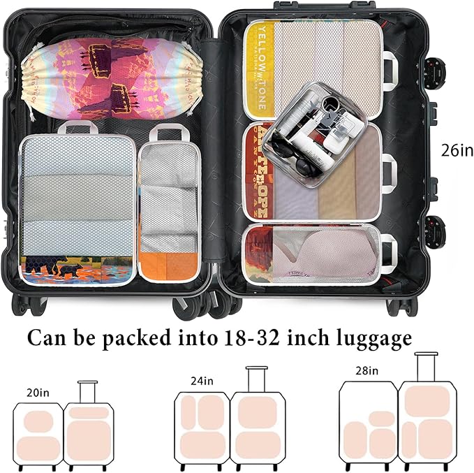 Compression Packing Cubes for Travel, 7 Set National Park Expandable Mesh Luggage Organizers, Waterproof Expandable/Compression Bags Travel Packing Cubes with Clear Toiletry Bag