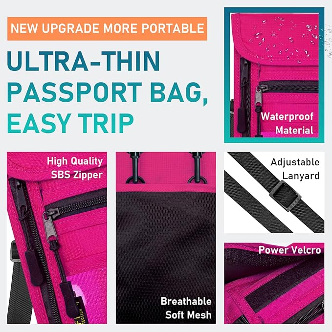 sundee Travel Neck Wallet with Double Zippers, RFID Blocking Passport Holder with Adjustable Neck Strap for Men and Women to Keep Cash, Credit Cards and Travel Documents Safe - Rose Red