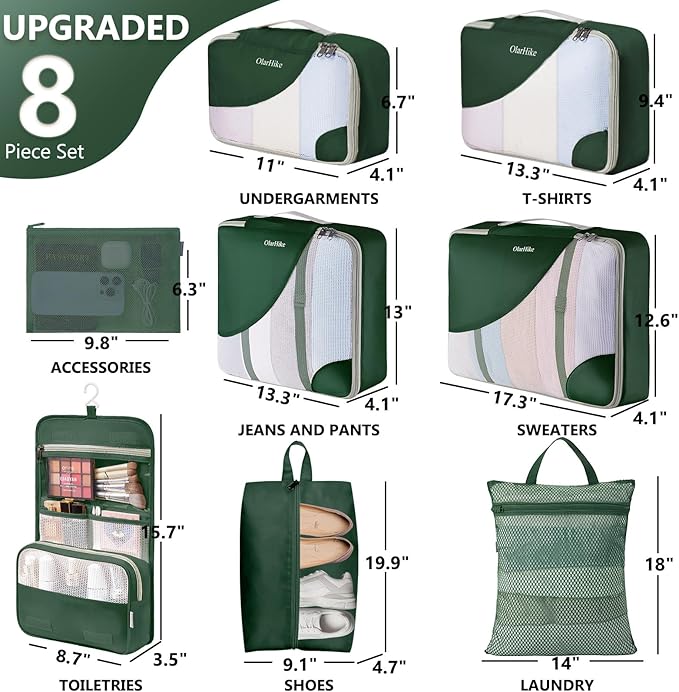 8 Set Packing Cubes for Travel, Gifts for Women Mom,Anti-Tearing Suitcase Organizer for Luggage with Shoe & Hanging Toiletry Bag,OlarHike Vacation Essentials & Accessories for Cruise Ship,Dark Green