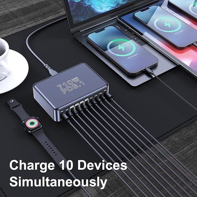 CHIPOFY 710W USB C Charger Block, 10 Port USB C Charging Station, Dual PD3.1 140W QC3.0 60W GaN Laptop Fast Wall Charger for MacBook Pro/Air, iPad, iPhone, Samsung Galaxy