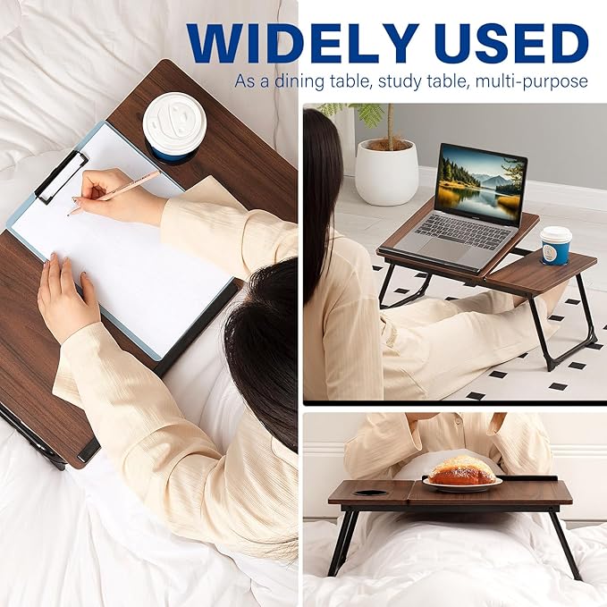 Laptop Desk for Bed Couch, Adjustable Foldable Bed Table with Cup Holder, Breakfast Serving Tray, Portable Laptop Lap Desk Stand for Working Reading Writing Eating Gaming in Bed Sofa Floor(DarkWalnut)