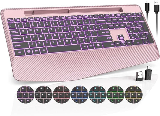 Wireless Keyboard with 7 Colored Backlits Wrist Rest, Phone Holder, Rechargeable Ergonomic Computer Keyboard with Silent Key, Full Size Lighted Keyboard for Windows, Mac, PC, Laptop (Rose gold)