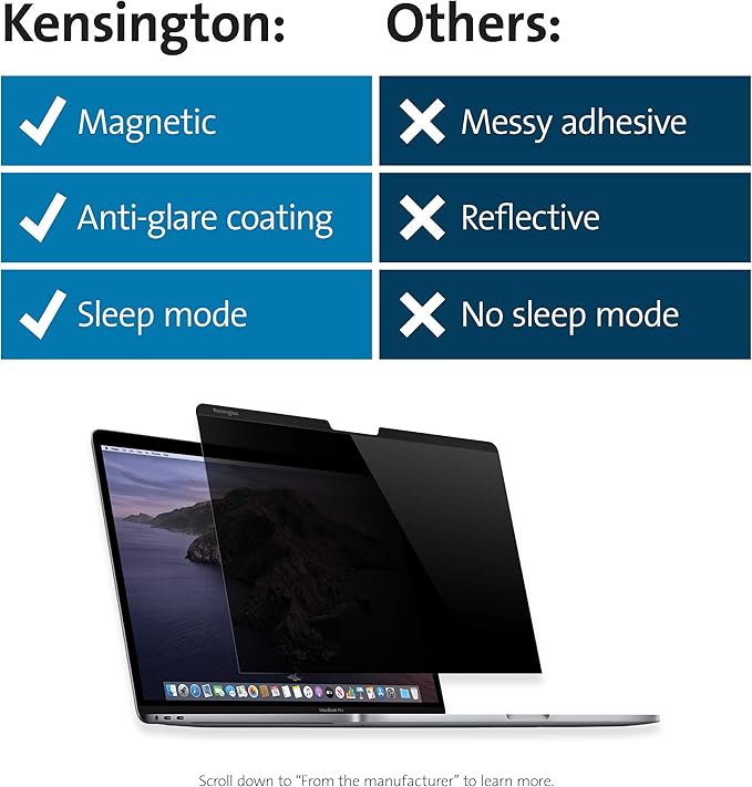 Kensington MP13 Magnetic Macbook Pro Privacy Screen for 13 inch (2016-2022, M1, M2)/ Macbook Air 13 inch (2018-2021, M1), Removable Laptop Privacy Filter, Macbook Mac Screen Protector, K64490WW