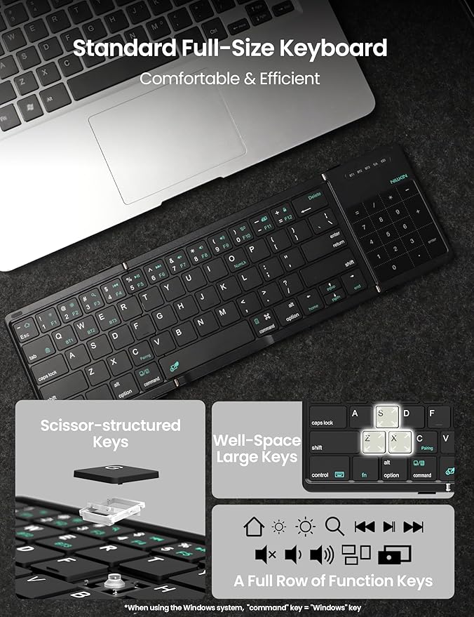 Nillkin Foldable Travel Keyboard with Touchpad & Number Pad, Bluetooth Wireless Portable Folding Full Size Keyboard with Trackpad for PC Laptop iPad Tablets Smartphone, Silicone Leather Cover, Black