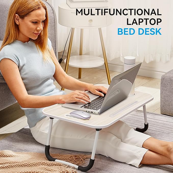 BUYIFY Folding Lap Desk, 23 Inch Portable Wood White Oak Laptop Bed Desk Lap Desk with Cup Holder, for Working Reading Writing, Eating, Watching Movies for Bed Sofa Couch Floor