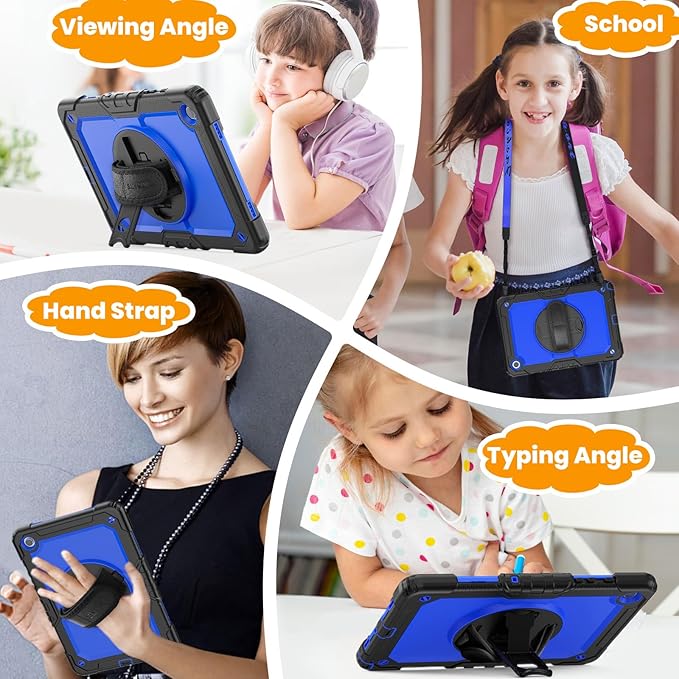 SEYMAC stock Case for Samsung Galaxy Tab A9+ Plus 11'', Full-Body Drop Protection Case with Screen Protector Pencil Holder [360° Rotating Hand Strap] &Stand, Blue+Black