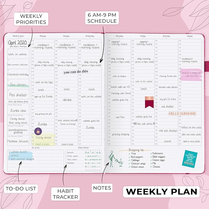 GoGirl Planner PRO Schedule - Undated Planner with Hourly Time Slots, Monthly, Weekly & Daily Organizer, Appointment Book for time Management, 7"x10" Hardcover, Lasts 1 Year - Fuchsia