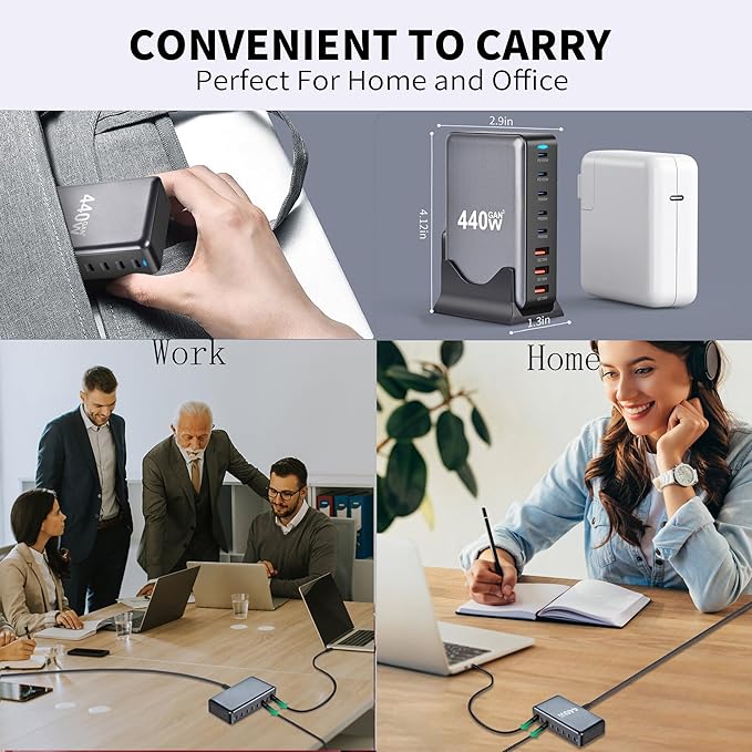 440W Charging Station for Multiple Devices,USB C 8-Port Multi GaN Adapter Block, Charging Station Hub, Fast Charging USB C Charger Block for MacBook Pro/Air/iPad, Samsung, iPhone, Home Office Use