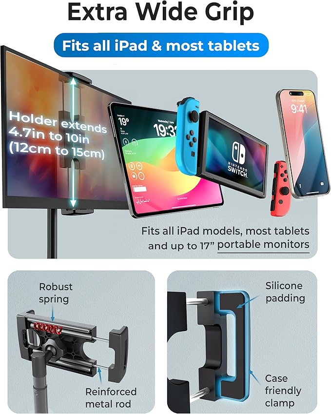 COOPER TabStand, 20" Tall iPad Stand for Desk, Portable Monitor Holder up to 17" Holds 4.4lb, Desktop Tablet Stand, Tablet Mount, Apple iPad Holder for Desk, for Samsung, Kindle, Fire (Night Black)