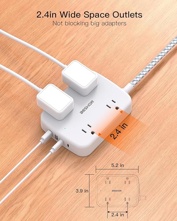 Surge Protector Power Strip with 2 USB C - BESHON 5 Ft Flat Extension Cord Flat Plug Power Strip, 4 Widely Outlets and 4 USB Charging Ports, Outlet Extender, 900 Joules, for Home Dorm Room Essentials