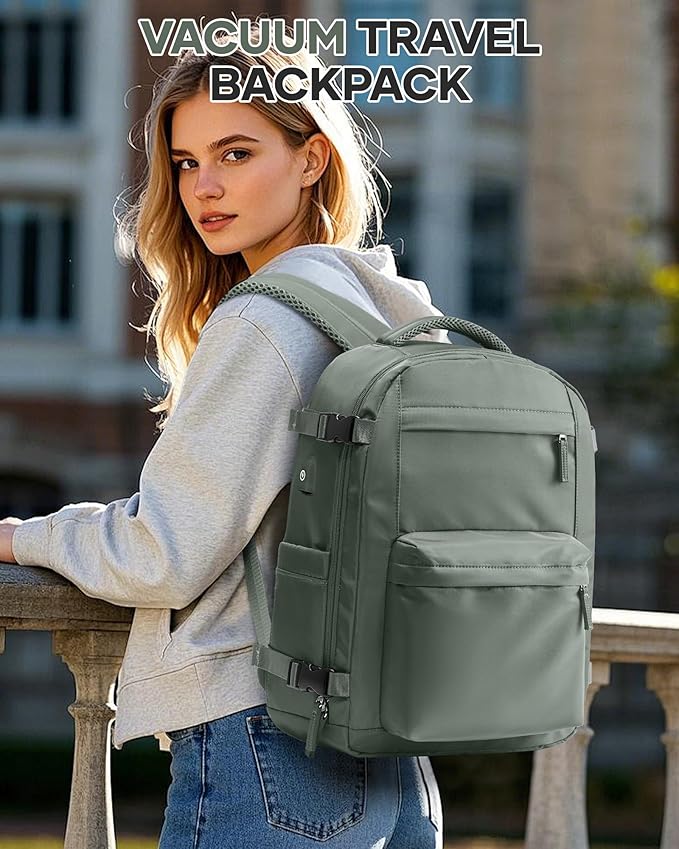 Vacuum Travel Backpack with Pump for Women,Personal Item Carry on Backpacks Flight Approved 18x14x8 inches for Men,Laptop Waterproof Work Compression bags Casual Daypack. Green