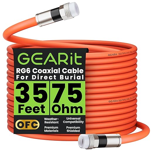 GEARit Coaxial Cable for Direct Burial (35ft) RG6 70 Ohm RF Rubber Boot Waterproof Underground in-Wall with Rubber Boot, High-Speed Internet, Broadband, Digital TV Aerial, Satellite Cable 35 Feet