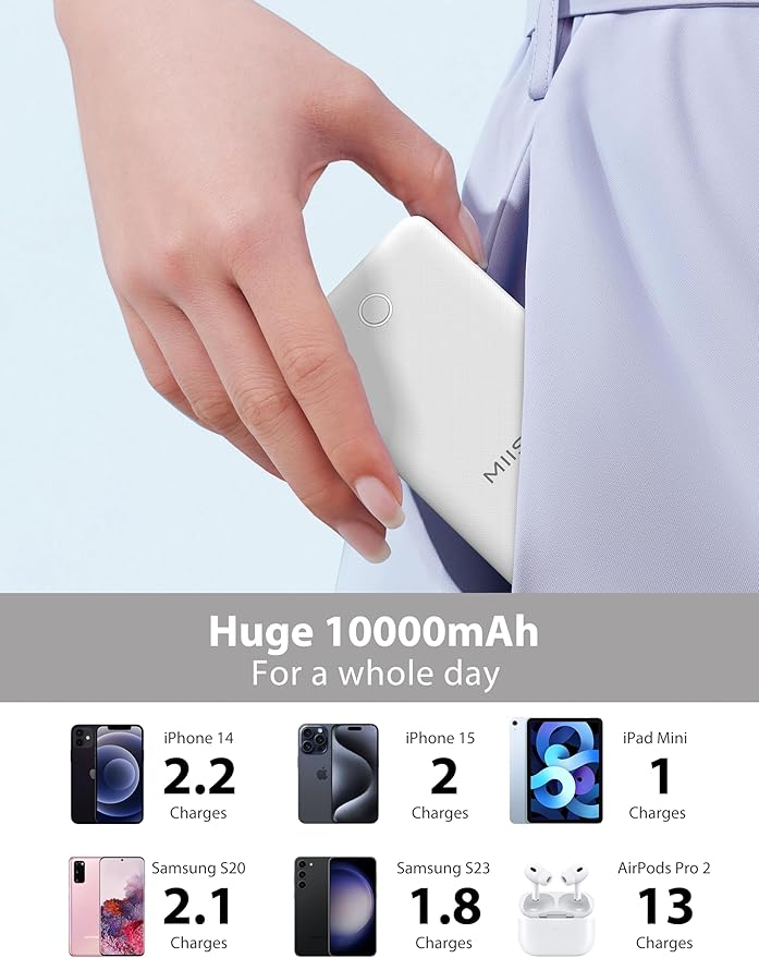 miisso 10000mAh Slim Portable Charger with Built in Cable, Power Bank Travel Charger External Battery Pack for Phone, 4 Output USB Type C Cord Clutch Charger Compatible with iPhone, White