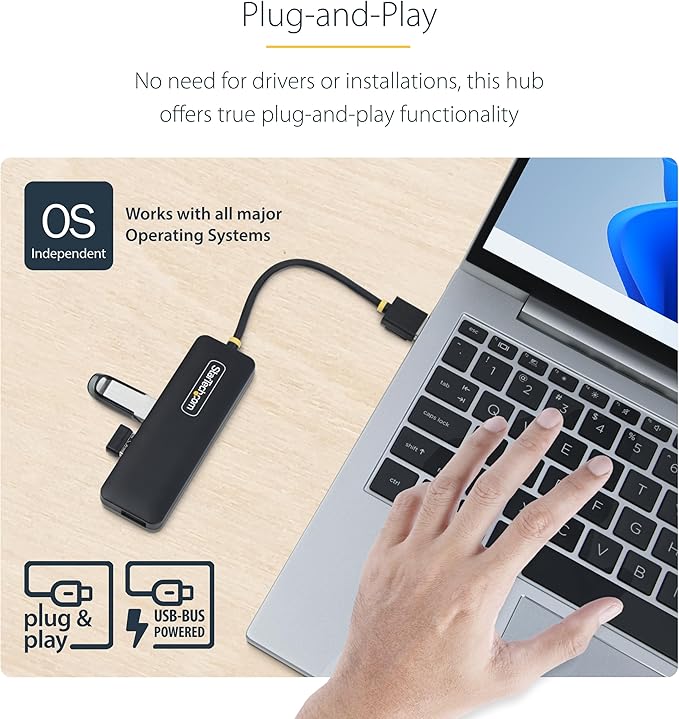 StarTech.com 4-Port USB-A Hub, USB 3.0 (5Gbps) Data Transfer, Bus Powered, Travel Mini Hub, Portable Multi-Port USB Splitter, Windows PC, MacBook, iMac, Chromebook, Surface and More