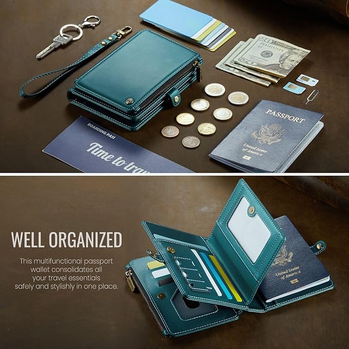 Passport Holder Wallet Bag with AirTag Holder, 11 Card Slots and Passport Solt Cash Solt Photo Solt Zipper Pocket, RFID Blocking Wristlet Strap.Green