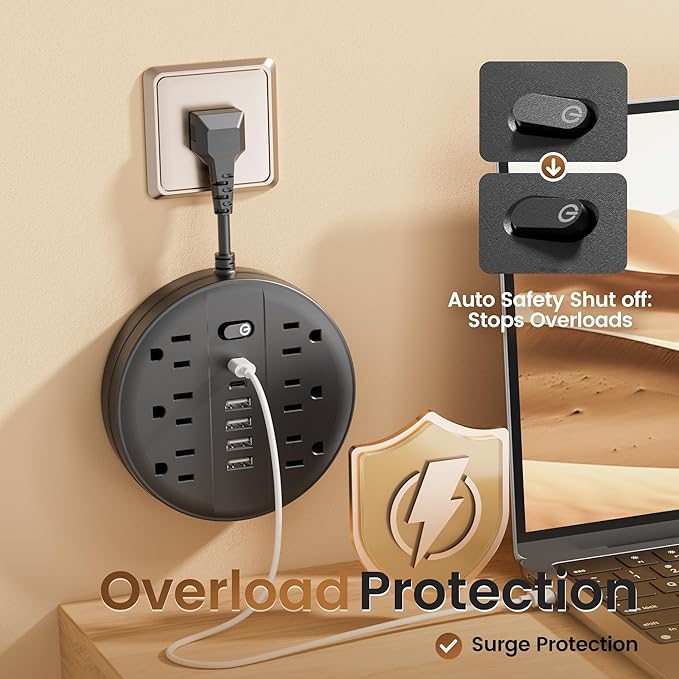 Surge Protector Power Strip, Extension Cord with 6 AC Outlets, 6 USB Ports (2 USB C) & Control Switch, Short Cord Outlet Extender, Wall Mountable Multiple Outlets for Office Home Travel RV, Black