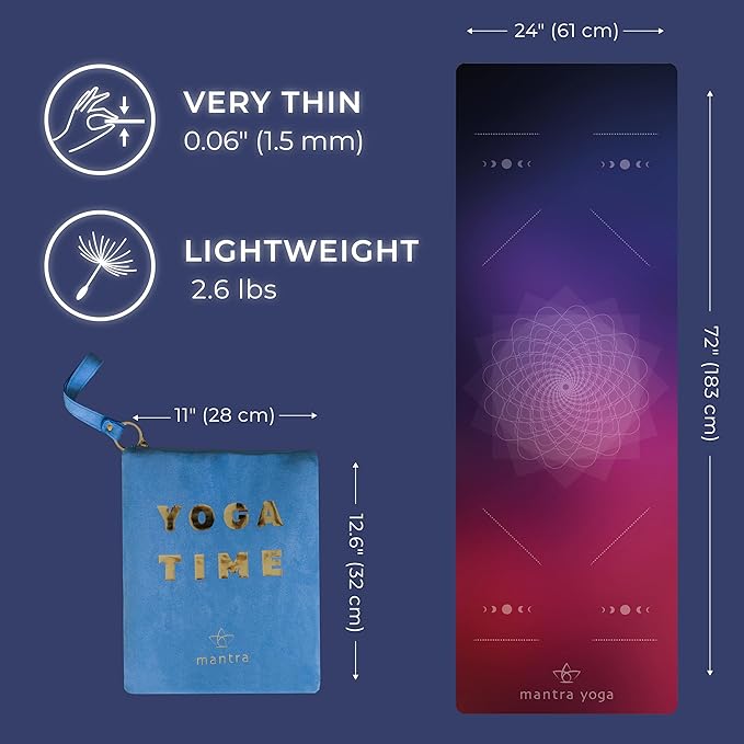 Mantra Yoga Travel PRO 1.5mm - Foldable Fitness & Exercise Mat with Bag | Lightweight, Compact & Eco-Friendly | Non-Slip & Washable | For All Types of Yoga | 72" L x 24" W | 2.6 lbs