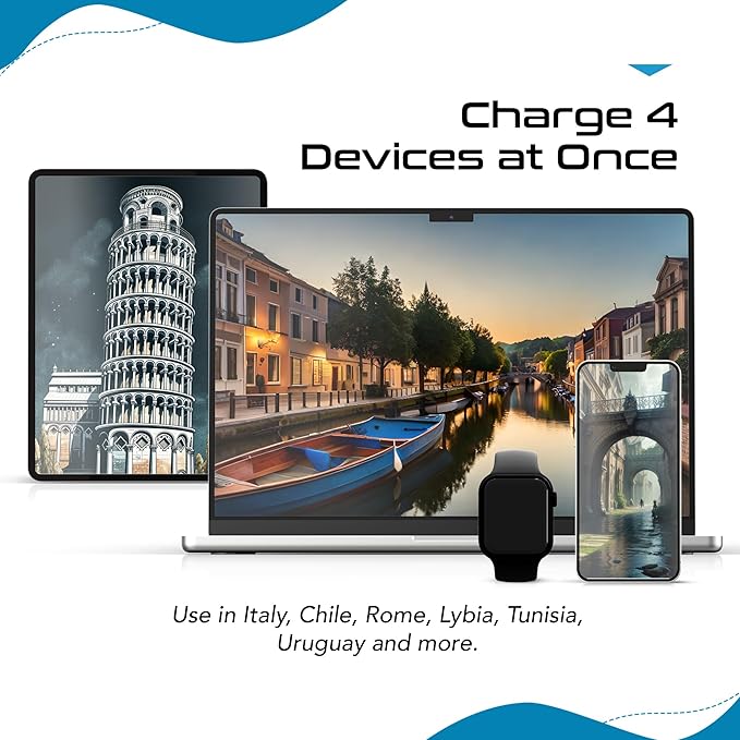 Ceptics Chile, Rome, Italy Travel Plug Adapter Set, Chile plug adapter USB-USB-C 20W PD-QC 18W, 2 Outlet, US to Italy plug adapter for Lybia, Uruguay Includes Type C, L SWadAPt Attachments - PAK-IT