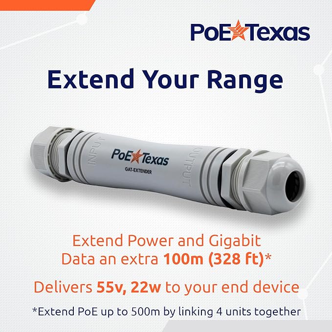 PoE Texas Outdoor PoE Repeater - Plug & Play IP67 Waterproof Extender Expands 22 Watts of Power & Gigabit Data up to 330' to High Powered Devices - Compatible with IEEE 802.3af/at Switch or Injector