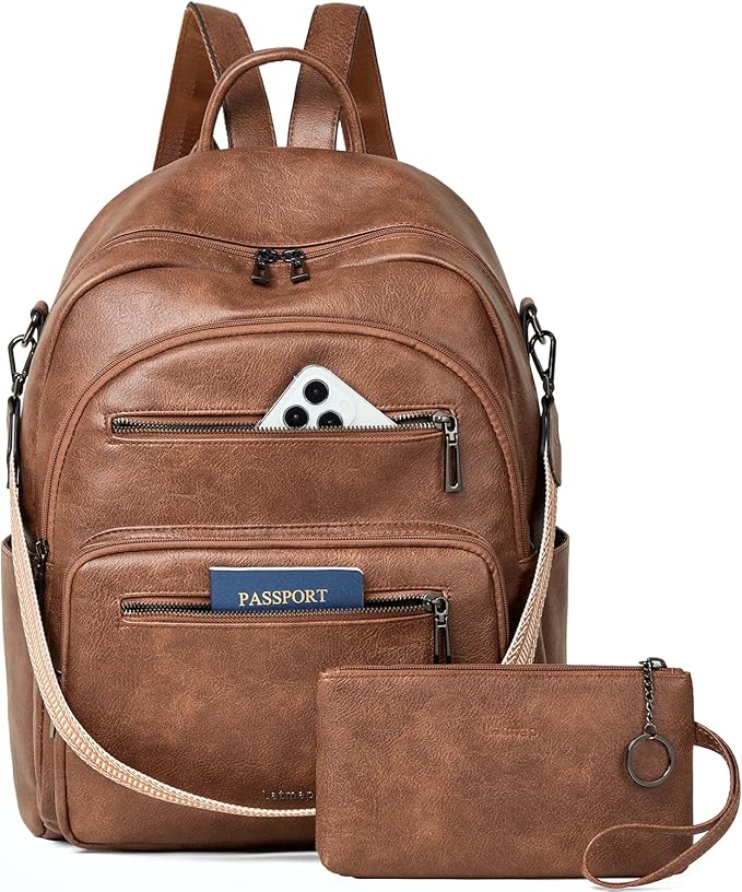 Backpack Purse for Women Laptop Backpack, Leather Travel Backpack Shoulder Bag Teacher College Daypack Work Handbag fits 14" Laptop-Brown