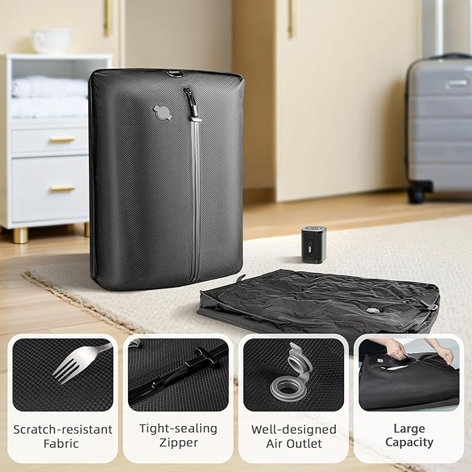 Luvan Travel Vacuum Bags for Luggage with Wireless Pump, Reusable Space Saver 33L Compression Clothing Packing Storage Organizer Cube for Carry On Suitcases and Backpack, IP67 Waterproof (1PC+1 Pump)