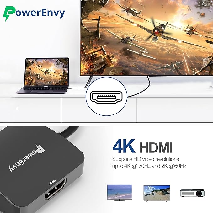 USB-C to HDMI & Ethernet Cable Hub Adapter by PowerEnvy - 4K HDMI, Ethernet 100M LAN, Aluminum Portable Type-C Hub for MacBook Pro/Air, iPad Pro, XPS, MateBook & More