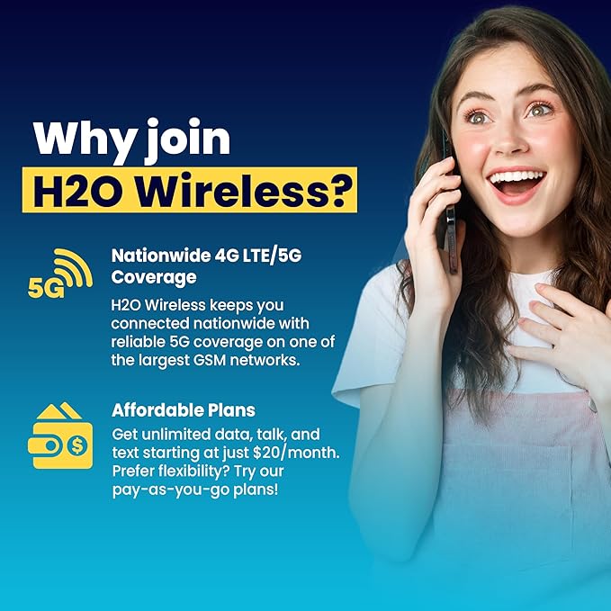 H2O Wireless 120-Day USA Physical Prepaid SIM Card with 20GB High-Speed 4G LTE/5G Data & 5GB Mobile Hotspot, Unlimited Data, Talk & Text to 70+ Countries, Triple-Cut US SIM Card for Cell Phones