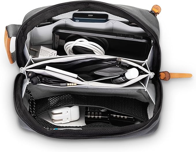Tech Bag Organizer - Small Electronics Organizer Pouch for Travel - Premium Travel Case with Leather Accents - Mesh Pocket for Cables, Cords and Chargers (Grey)