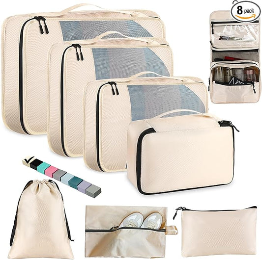 8-Piece Packing Cubes for Travel, Mesh Luggage Organizers with Shoe Bag, Toiletry Bag, Laundry Pouches, 4 Sizes (XL/L/M/S) for Suitcase Organization, Men Women Kids, Beige